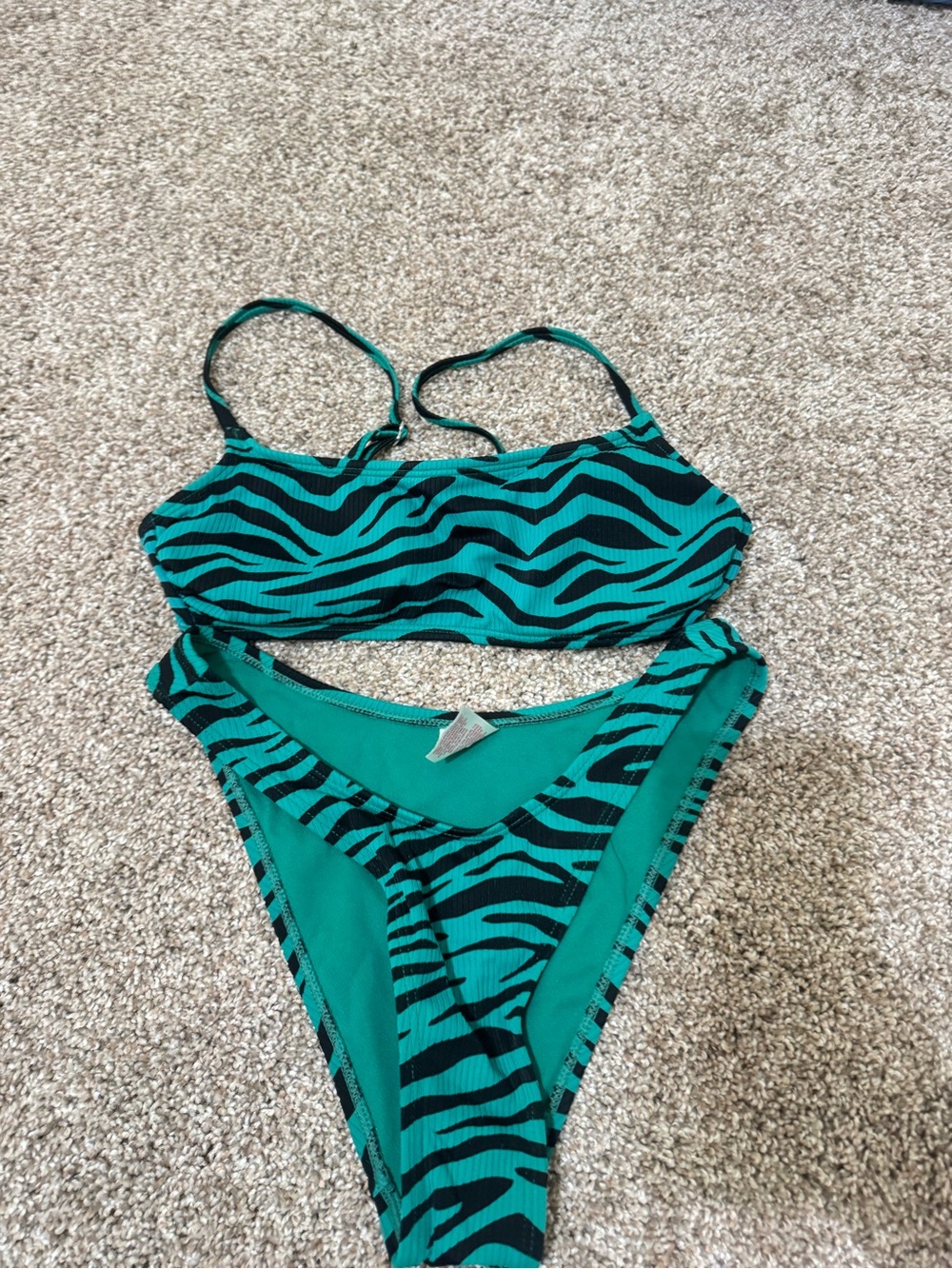 Xhilaration Teal and Black Zebra Bikini Top